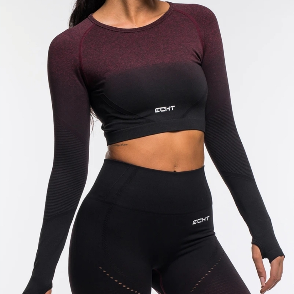 ECHT Burgundy and Black Long Sleeve Crop Top Size Medium